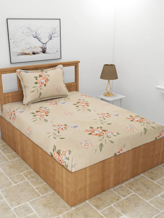 MORADO Premium Glace Cotton Single Bedsheet With 1 King Size Pillow Cover (60x90 Inches) - 60x90 Inches, Peach