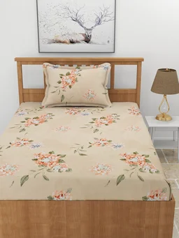 MORADO Premium Glace Cotton Elastic Fitted Single Bedsheet With 1 Pillow Cover (36x72x8 Inches) - 36x72x8 Inches, Peach
