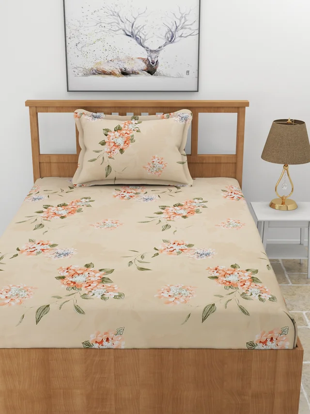 MORADO Premium Glace Cotton Elastic Fitted Single Bedsheet With 1 Pillow Cover (36x72x8 Inches) - 36x72x8 Inches, Peach