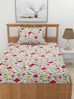 MORADO Premium Glace Cotton Elastic Fitted Single Bedsheet With 1 Pillow Cover (36x72x8 Inches) - 36x72x8 Inches, Pink