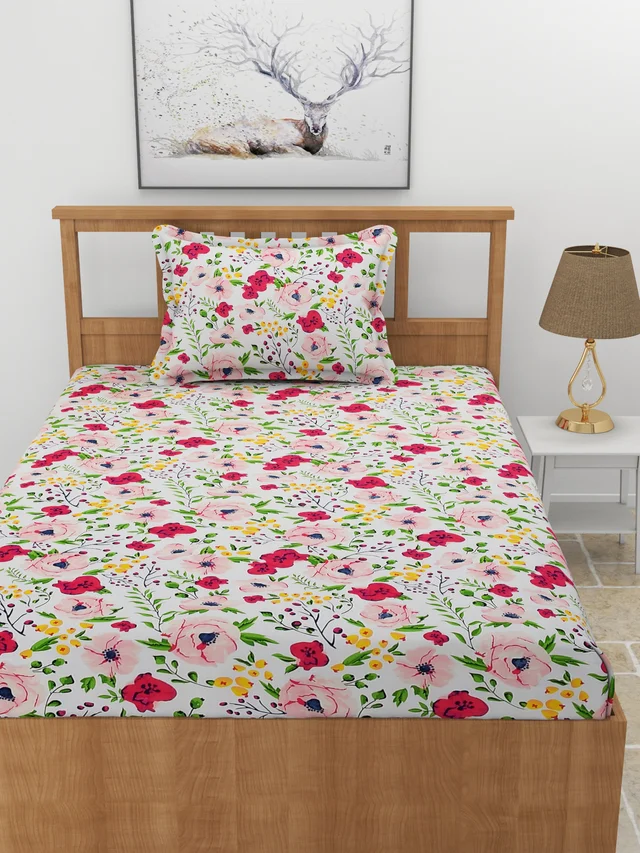 MORADO Premium Glace Cotton Elastic Fitted Single Bedsheet With 1 Pillow Cover (36x72x8 Inches) - 36x72x8 Inches, Pink