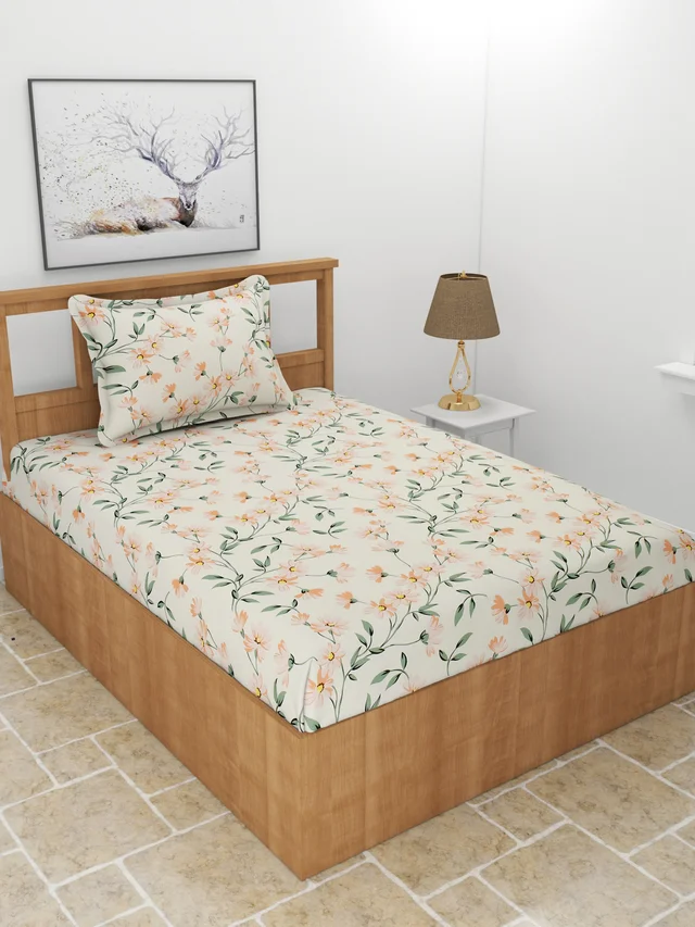 MORADO Premium Glace Cotton Single Bedsheet With 1 King Size Pillow Cover (60x90 Inches) - 60x90 Inches, Beige