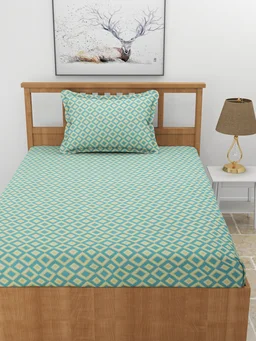 MORADO Premium Glace Cotton Elastic Fitted Single Bedsheet With 1 Pillow Cover (36x72x8 Inches) - 36x72x8 Inches, Green