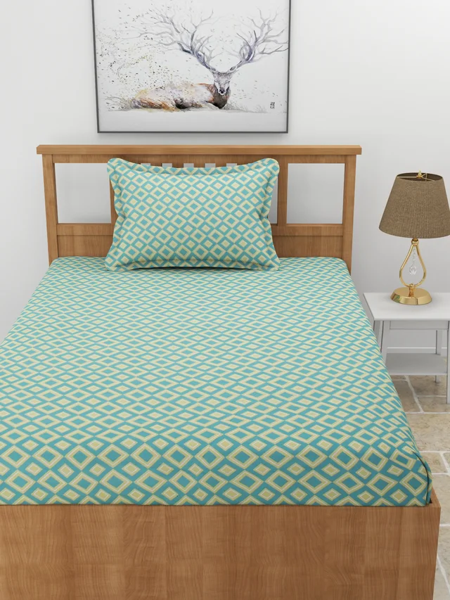 MORADO Premium Glace Cotton Elastic Fitted Single Bedsheet With 1 Pillow Cover (36x72x8 Inches) - 36x72x8 Inches, Green