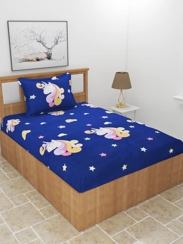 MORADO Premium Glace Cotton Single Bedsheet With 1 King Size Pillow Cover (60x90 Inches) - 60x90 Inches, Blue
