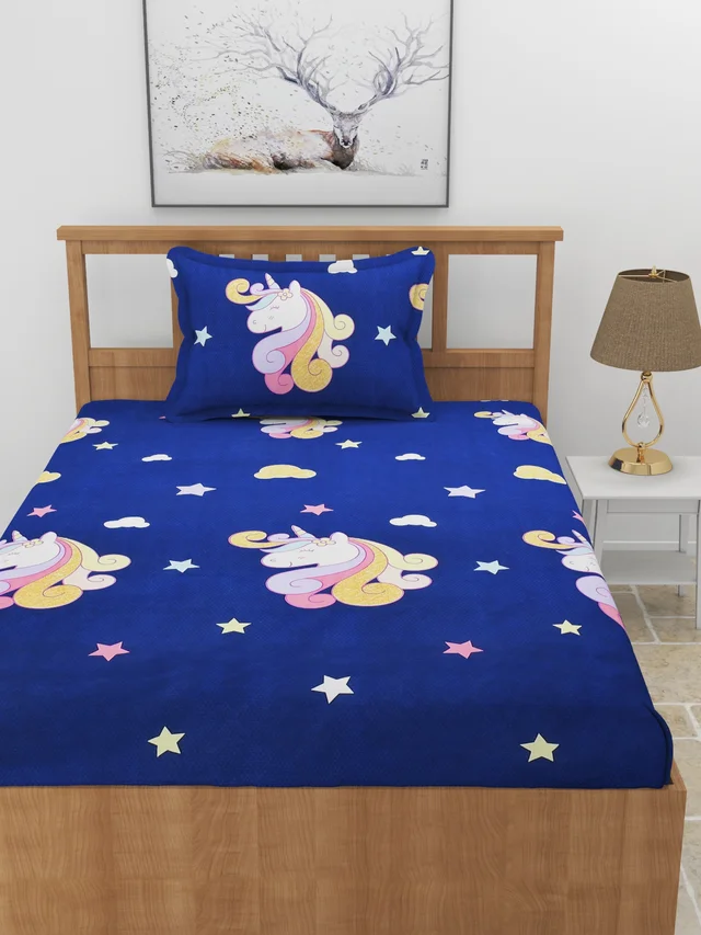 MORADO Premium Glace Cotton Single Bedsheet With 1 King Size Pillow Cover (60x90 Inches) - 60x90 Inches, Blue