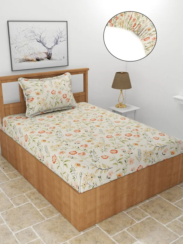 MORADO Premium Glace Cotton Single Bedsheet With 1 King Size Pillow Cover (36x72x8 Inches) - 36x72x8 Inches, Offwhite