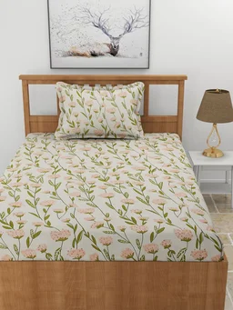 MORADO Premium Glace Cotton Single Bedsheet With 1 King Size Pillow Cover (60x90 Inches) - 60x90 Inches, Offwhite