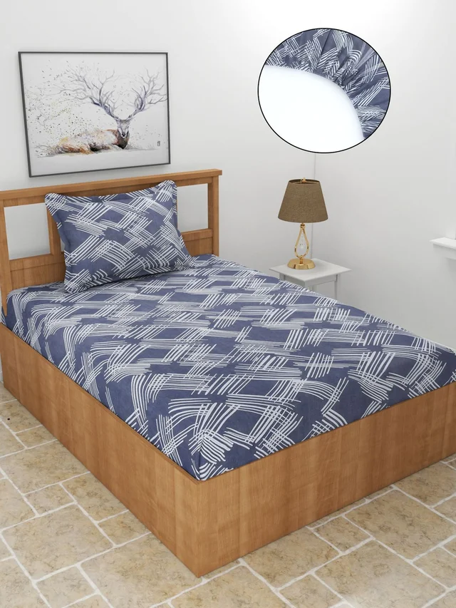 MORADO Premium Glace Cotton Single Bedsheet With 1 King Size Pillow Cover (36x72x8 Inches) - 36x72x8 Inches, Blue