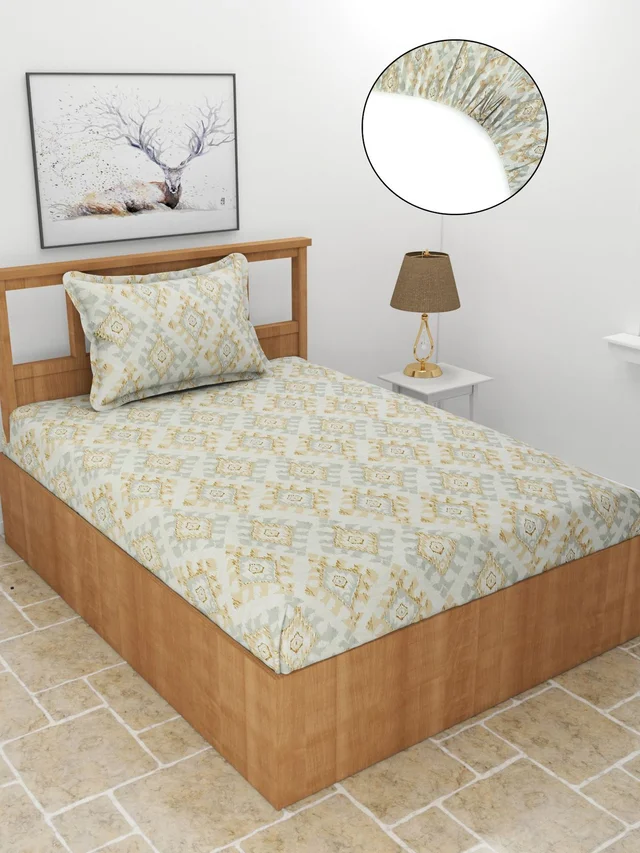 MORADO Premium Glace Cotton Single Bedsheet With 1 King Size Pillow Cover (36x72x8 Inches) - 36x72x8 Inches, Offwhite