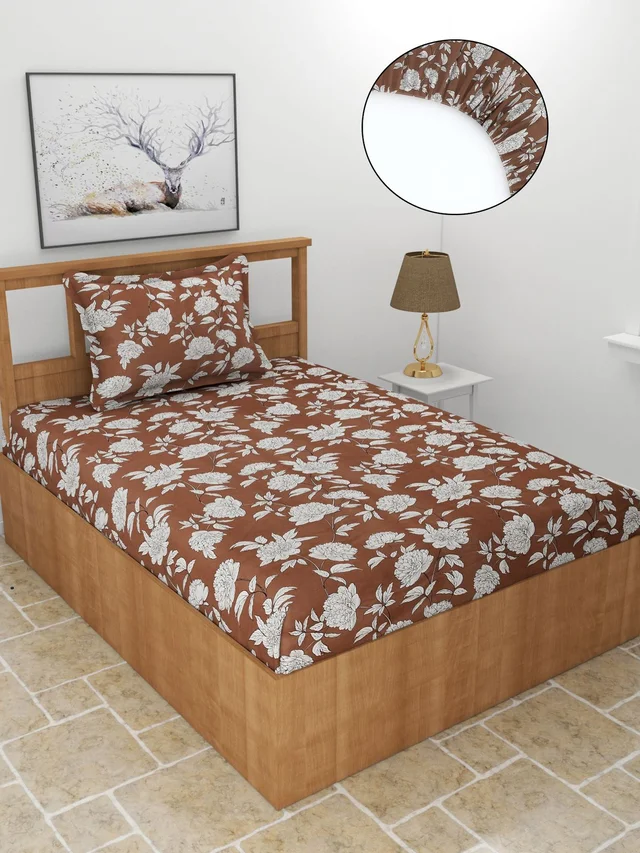 MORADO Premium Glace Cotton Single Bedsheet With 1 King Size Pillow Cover (36x72x8 Inches) - 36x72x8 Inches, Coffee