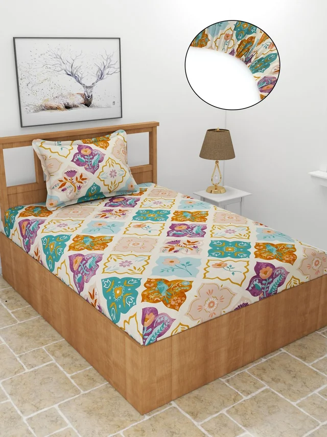 MORADO Premium Glace Cotton Single Bedsheet With 1 King Size Pillow Cover (36x72x8 Inches) - 36x72x8 Inches, Purple