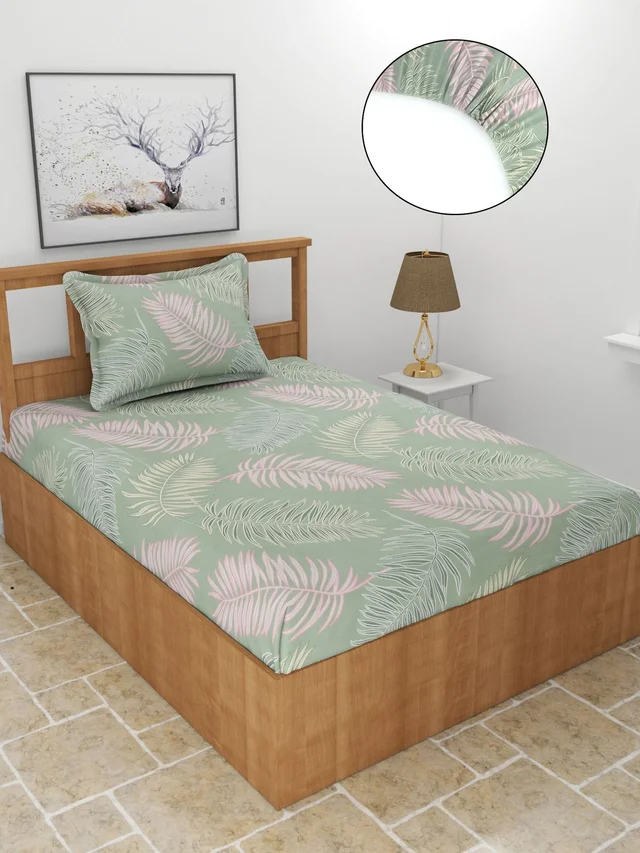 MORADO Premium Glace Cotton Single Bedsheet With 1 King Size Pillow Cover (36x72x8 Inches) - 36x72x8 Inches, Green