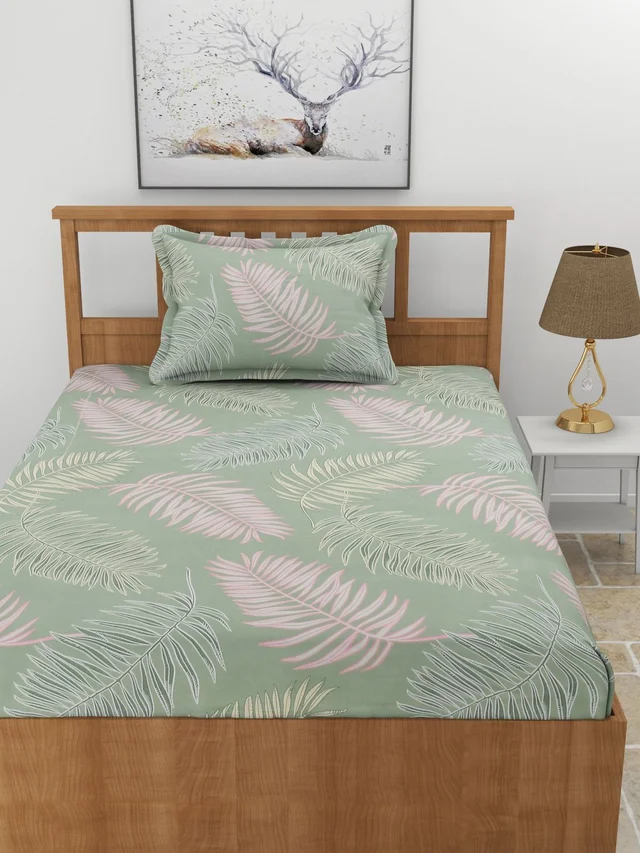 MORADO Premium Glace Cotton Single Bedsheet With 1 King Size Pillow Cover (60x90 Inches) - 60x90 Inches, Green