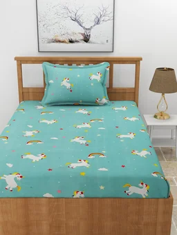 MORADO Premium Glace Cotton Single Bedsheet With 1 King Size Pillow Cover (60x90 Inches) - 36x72x8 Inches, Blue