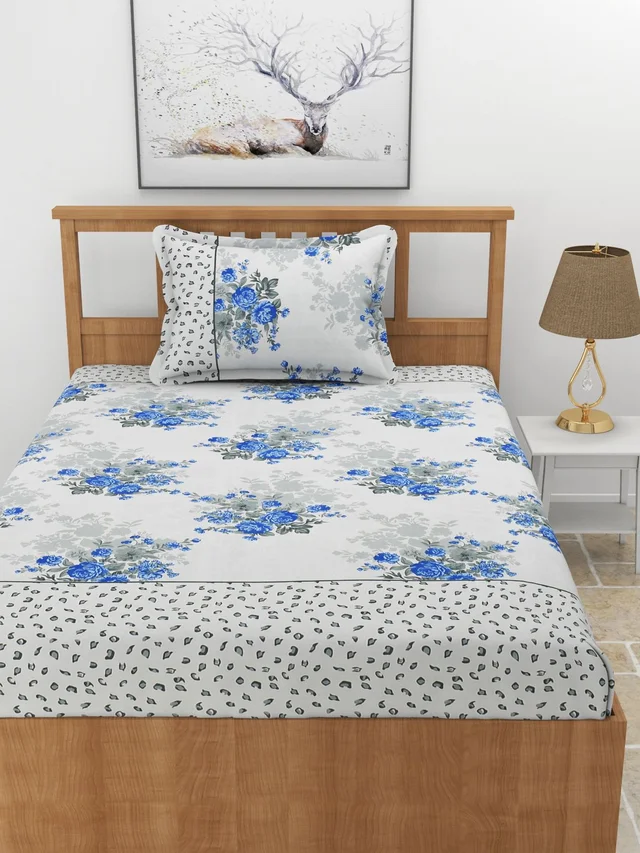 MORADO Premium Glace Cotton Single Bedsheet with 1 King Size Pillow Cover (60x90 Inches) - 60x90 Inches, Blue