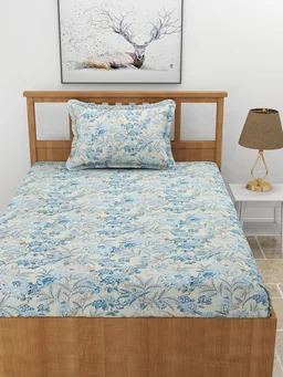 MORADO Premium Glace Cotton Single Bedsheet with 1 King Size Pillow Cover (60x90 Inches) - 60x90 Inches, Blue