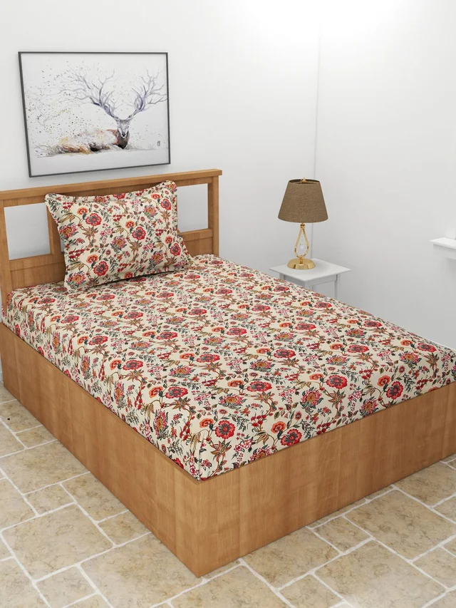 MORADO Premium Glace Cotton Single Bedsheet with 1 King Size Pillow Cover (60x90 Inches) - 60x90 Inches, Red