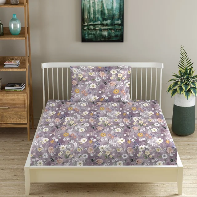 Morado MORADO Premium Glace Cotton Single Flat Bedsheet with 1 King Size Pillow Cover (60x90 Inches)-Purple - 60x90 inches