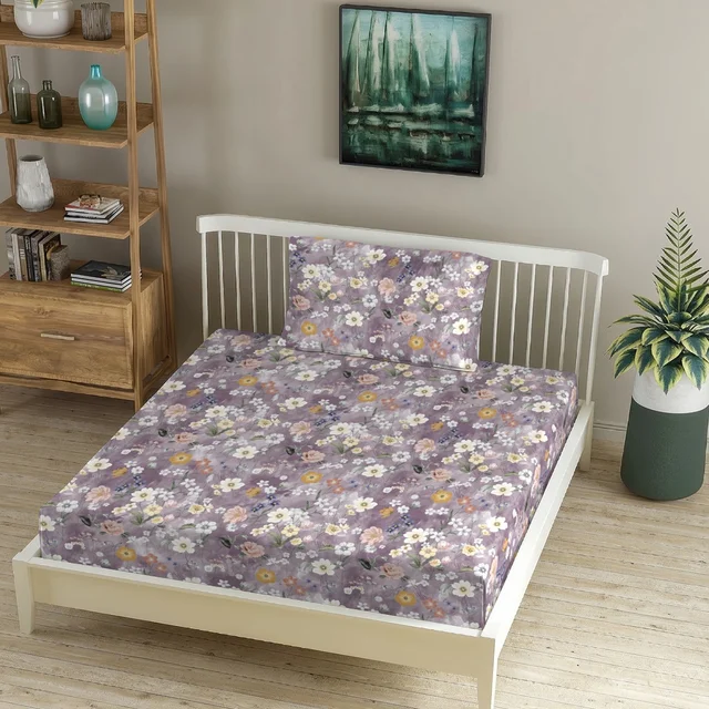 Morado MORADO Premium Glace Cotton Single Flat Bedsheet with 1 King Size Pillow Cover (60x90 Inches)-Purple - 60x90 inches