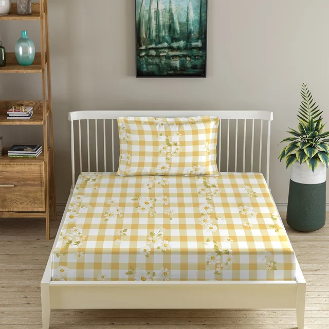 Morado MORADO Premium Glace Cotton Single Flat Bedsheet with 1 King Size Pillow Cover (60x90 Inches)-Yellow - 60x90 inches