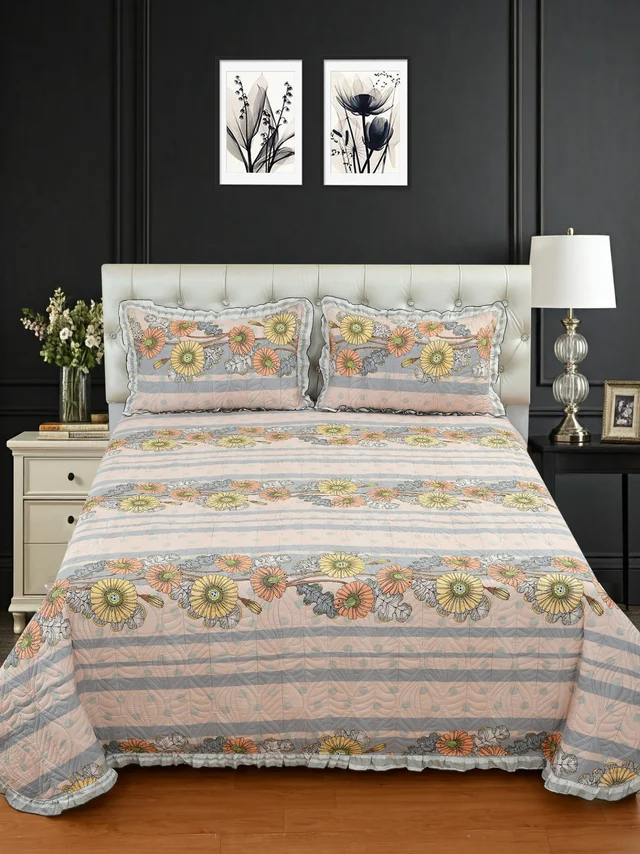 MORADO Glace Cotton Luxury Ultrasonic Printed Lightweight All Season Bedspreads/Quilted Bed Cover With 2 King Size Pillow Covers - (90x100 inches -Peach & Grey Floral) - 90x100 Inches, Web Orange