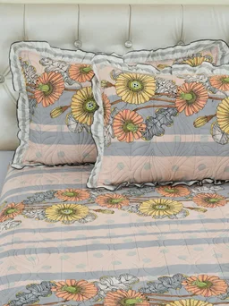 MORADO Glace Cotton Luxury Ultrasonic Printed Lightweight All Season Bedspreads/Quilted Bed Cover With 2 King Size Pillow Covers - (90x100 inches -Peach & Grey Floral) - 90x100 Inches, Web Orange