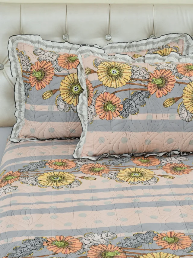 MORADO Glace Cotton Luxury Ultrasonic Printed Lightweight All Season Bedspreads/Quilted Bed Cover With 2 King Size Pillow Covers - (90x100 inches -Peach & Grey Floral) - 90x100 Inches, Web Orange