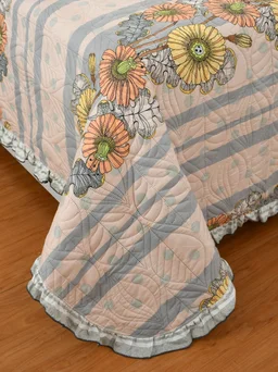 MORADO Glace Cotton Luxury Ultrasonic Printed Lightweight All Season Bedspreads/Quilted Bed Cover With 2 King Size Pillow Covers - (90x100 inches -Peach & Grey Floral) - 90x100 Inches, Web Orange