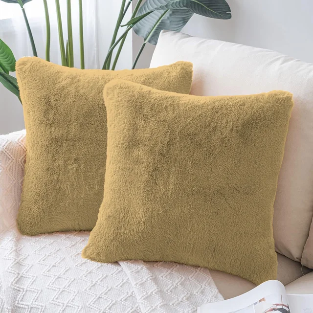 Luxe Home Cushion Cover 16 inch x 16 inch Duble Side Rabbit Fur Plain Design Covers Set of 2 for Sofa, Bedroom, livingroom (Anti Gold)