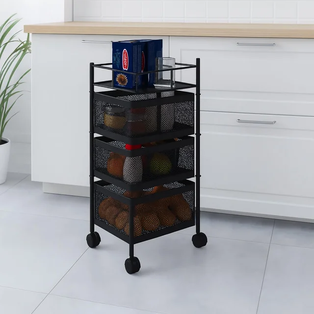 LUXE HOME INTERNATIONAL 3-Tier Revolving Kitchen Trolley with Wheels | Vegetable Metal Trolley Rack | Multipurpose Metal Storage Organizer | Square Design, 360Â° Rotating Utility Cart (Black 29x29x65)