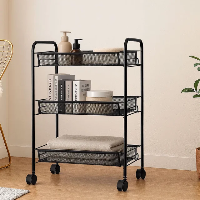 LUXE HOME INTERNATIONAL 3-Tier Revolving Kitchen Trolley with Wheels | Vegetable Metal Trolley Rack | Multipurpose Metal Storage Organizer | Square Design, 360Â° Rotating Utility Cart (Black 45x27x64)