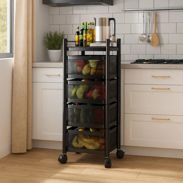 LUXE HOME INTERNATIONAL 4-Tier Revolving Kitchen Trolley with Wheels | Vegetable Metal Trolley Rack | Multipurpose Metal Storage Organizer | Square Design, 360Â° Rotating Utility Cart (Black 29x29x80)