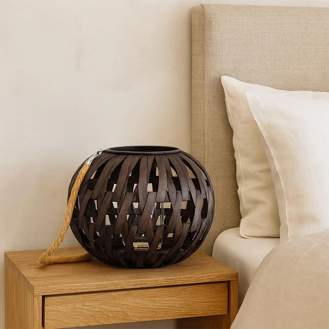 Luxe Home International Lantern Lamp, Woven Lantern Design, Glass Jar Insert, Versatile Hanging & Table Use, Cocoa, 27x36x36 cm