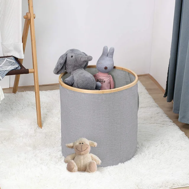 Luxe Home Large Round Fabric Storage Basket with Bamboo Handles - 45L x 45W x 50H cm - Durable Toy Organizer and Laundry Hamper - Collapsible Grey Storage Bin for Kids' Room, Nursery, and Home
