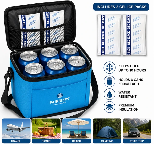 FAIRBIZPS 6 Can Insulated Cooler Bag with 2 Ice Gel Packs – Keeps Drinks Cold Up to 10 Hours | Compact Beverage Carrier for Travel, Picnic, Camping & Beach