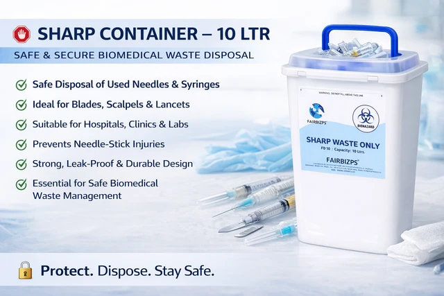 FAIRBIZPS Bio-Medical Sharps Container with Puncture Proof for Needles, Glass Waste and Metallic Implants-Capacity 10 Ltr.