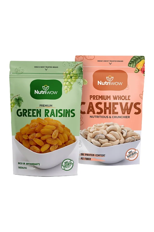 Nutriwow Premium Green Raisins 500g & Whole Cashews 200g | Kishmish and Kaju | - 700g