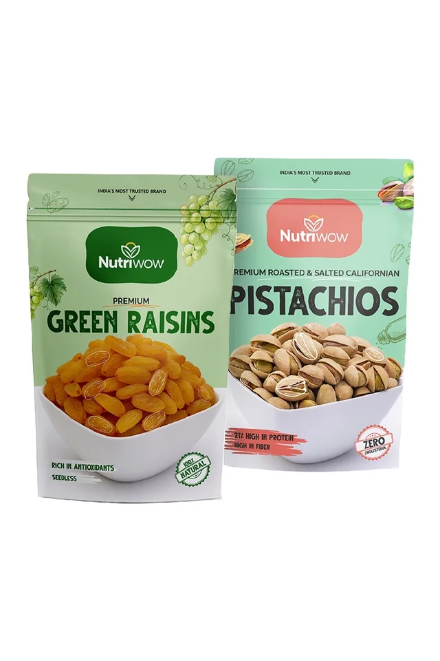 Nutriwow Premium Green Raisins 500g & Roasted & Salted Pistachios 200g | Kishmish and Pista |