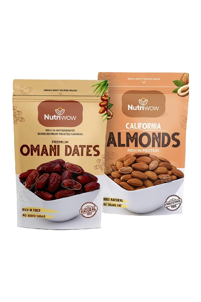 Nutriwow Premium Omani Dates 400g & Whole California Almonds 200g | Khajur and Badam |
