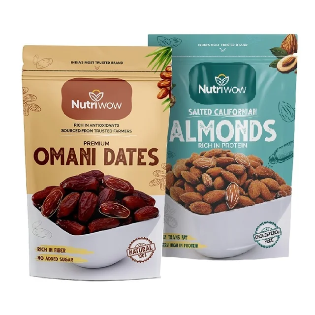 Nutriwow Premium Omani Dates 400g & Roasted & Salted Almonds 200g | Khajur and Badam 