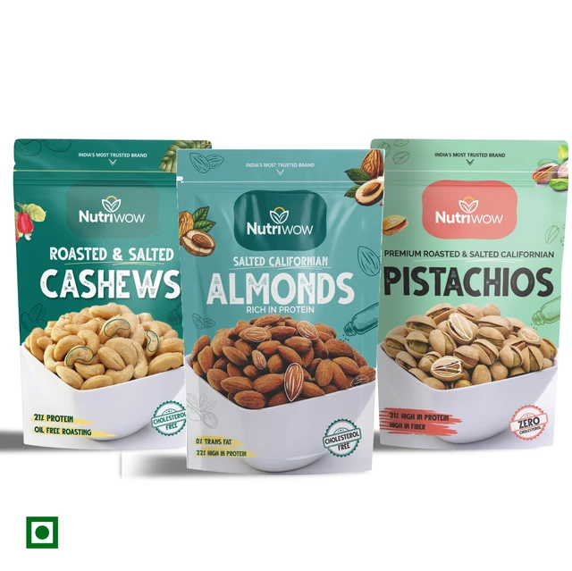 Nutriwow Premium Roasted & Salted Cashew, Almonds and Pistachios | 600g (200g each) - 600g, Roasted & Salted