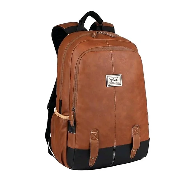 Classical 18" Inches Vegan Leather Laptop Backpack For Men/Women, Tan & Black