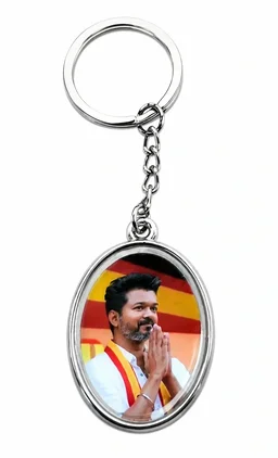 Premium Personalized Vijay Photo Keychain – Oval Metal Photo Pendant