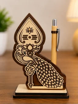 Wooden Peacock Pen Stand with Pen – Premium Desk Organizer