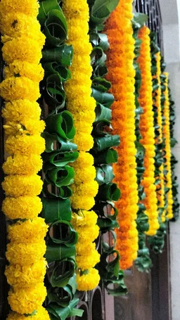 Yellow Marigold And Green Ashok Leafs String