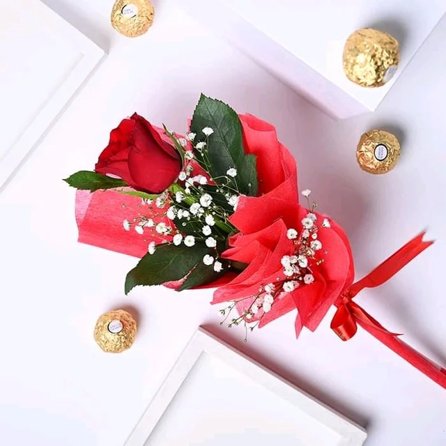 Single Rose And Ferrero Rocher Chocolate