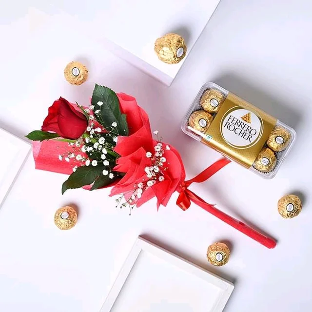 Single Rose And Ferrero Rocher Chocolate