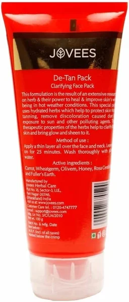 Jovees Herbal De-Tan Face Pack, 100 g | Wheat Germ and Carrot For Tan Removal and Skin Revitalization | All Skin Type Pack of 1