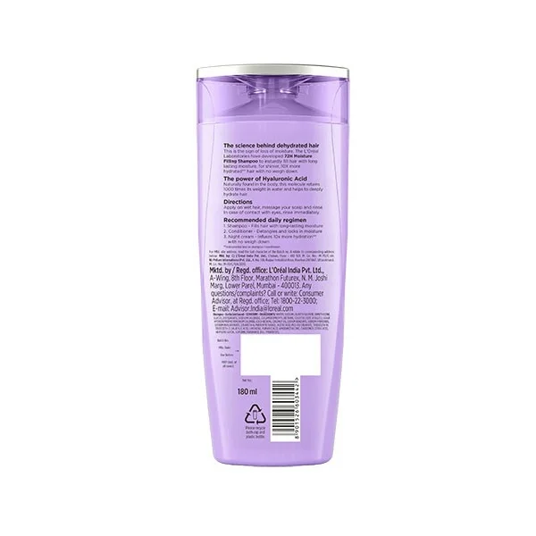 L'Oreal Paris Hyaluron Moisture 72H Moisture Filling Shampoo | With Hyaluronic Acid | For Dry & Dehydrated Hair | Adds Shine & Bounce L'Oreal Paris Hyaluron Moisture Bounce Shamphoo 340ml